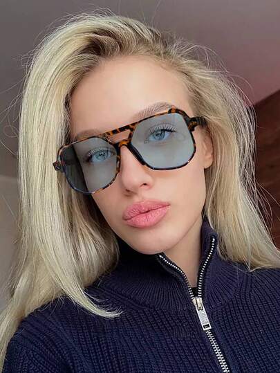 1 st damer med dubbelstråle, pilotglasögon, moderiktiga glasögon, vintagestil, sköldpaddsmönster, lättviktiga för strandfester, med glasögonlåda