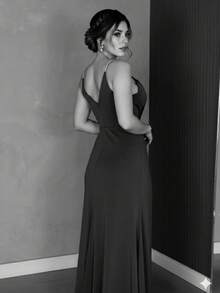 Inexpensive Bridesmaid Dress For Parties, Guests, Receptions, Graduations, Without Glitter, With Thin Rhinestone Straps. - Navy Blue - View 2