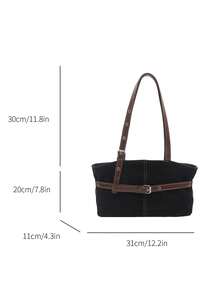 1pc Vintage Large Capacity Tote Bag, Commuter Oversized Underarm Bag, Fashionable Motorcycle Handbag, Suede & PU Patchwork Tote Bag With Strap Decor, Zipper Closure, Women's Shoulder Bag For Work, School, Travel, Shopping, Business, Suitable For Daily Use - Black - View 5