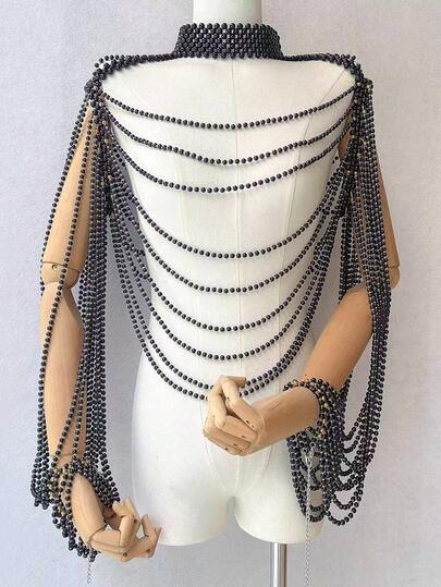 1 pieza Cadena corporal de perlas de lujo oscura, cadena corporal tejida a mano estilo gótico para vestido de novia, cadena para brazo, decoración para actuaciones en el escenario