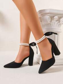 Women's Fashion Faux Suede Pointed Toe Chunky Heel Platform Shoes, Decorated With Faux Pearl And Bow, Ankle Strap Design High Heels, Suitable For Spring, Summer, Autumn And Winter, Elegant And Exquisite Black Sandals - Black - View 5