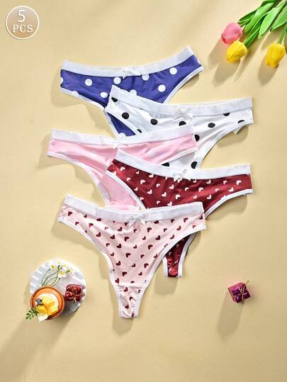 Paquete de 5 tangas con estampado de lunares y corazones, diseño con lazos, tela suave y amigable con la piel, para uso diario de mujeres