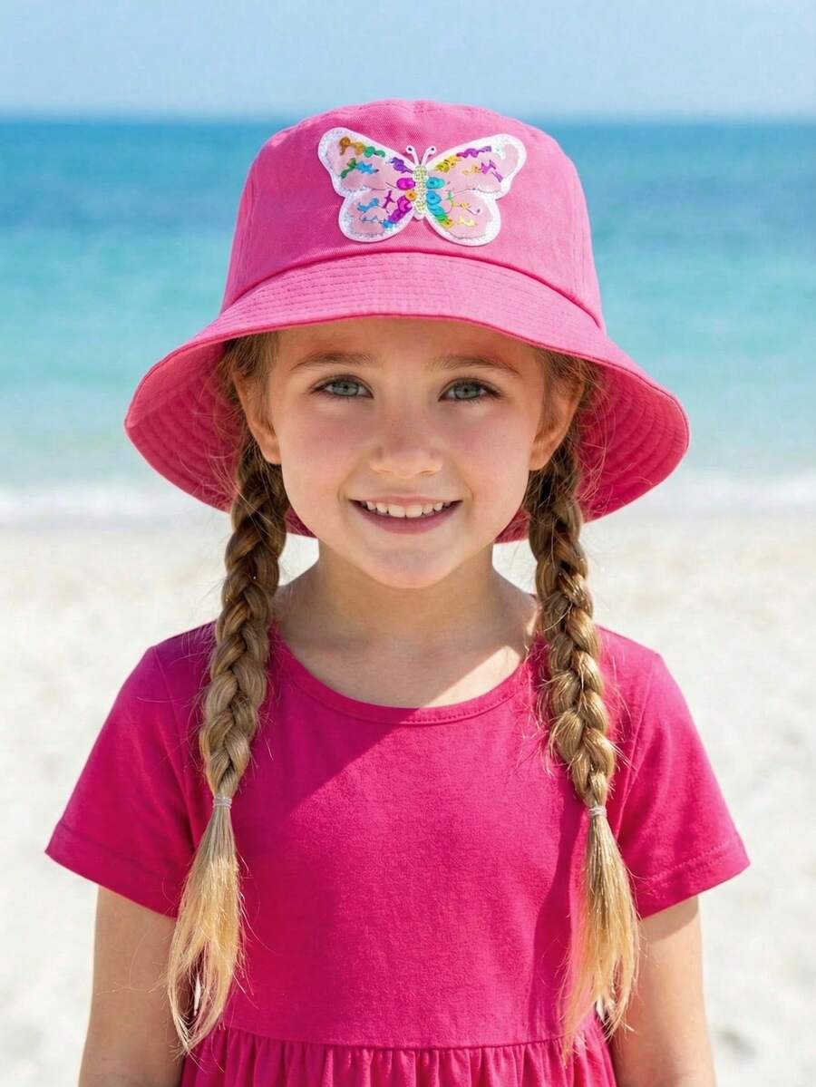 1 chiếc mũ tai bèo hình bướm đính kim sa cho bé gái, mũ chống nắng mùa xuân/hè cho trẻ em, mũ tai bèo nhẹ có thể điều chỉnh kích cỡ. - Màu Hồng Tươi - Xem 1