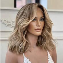 自然网状假发 13x4 蕾丝前假发 合成假发 棕色带灰金色挑染 角色扮演派对日常佩戴 柔软耐热 短款波波头 棕色蜂蜜金渐变蕾丝假发 透明小号/大号帽 - 彩色 - 查看 11