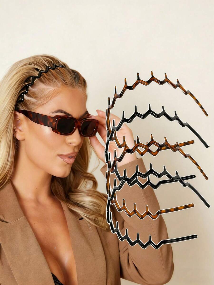 2pcs/4pcs Set Fashion Non-Slip Headbands, Glossy Black & Leopard Print Combination, Stylish Headband With Teeth Wave Design, Home Skincare Headband, Suitable For Daily Face Washing Or Makeup Hairband - Multicolor - View 1