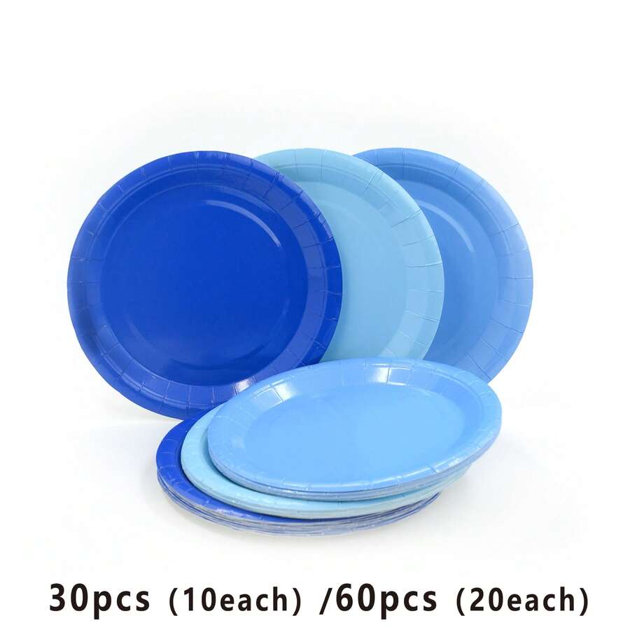60pcs/30pcs 7-Inch Disposable Gradient Blue Paper Plates, Leak-Proof Thickened Paper Plates, 3-Second Table Cleanup, Party Wash-Free, Reusable, Camping, Outdoor, Family Stocking! Cake Plates, Birthday Party, Festival, Graduation, Back To School, New Year, Valentine's Day, Spring Decor Tableware - A Three-color Combination (dark Blue + Sky Blue + Light Blue) - View 1