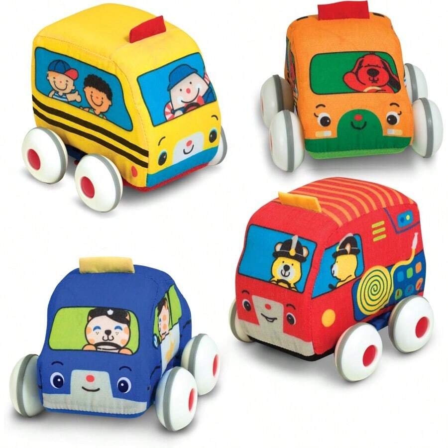 and Doug Vehículos de Tracción Set de Juguetes Suaves para Bebés y Niños Pequeños 4 Carros y Camiones y Estuche Para Llevar - como en la foto - Ver 1