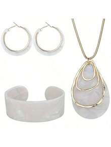 1 Pair Earrings + 1 Necklace + 1 Bracelet Bohemian Style Jewelry Set, Matching Daily Outfit And Party Accessories, Gift For Women - White - View 14