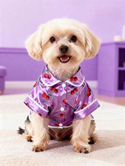 1pc Cute & Fashionable Pet Dog Apparel, Glossy Pearl Finish/Soft & Comfortable, Faux Cherry Blossom Print/Contrast Trim, Short Sleeve Shirt Design, Suitable For Small Dogs, Spring/Summer/Autumn, For Daily Wear, Sleepwear, Outdoor Use