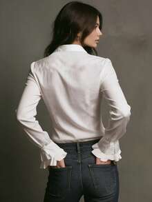 Elegant White Ruffle Collar Shirt - Classic Button-Down Shirt, Suitable For Spring/Autumn, Office & Semi-Formal Occasions, Solid Color Design, Machine Washable - White - View 2