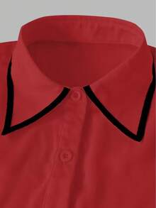 1 chiếc áo kiểu dài tay thanh lịch dành cho nữ, phối màu tương phản, thắt nút, thích hợp cho kỳ nghỉ, công sở, mặc hàng ngày, mọi mùa xuân. - Đỏ - Xem 4