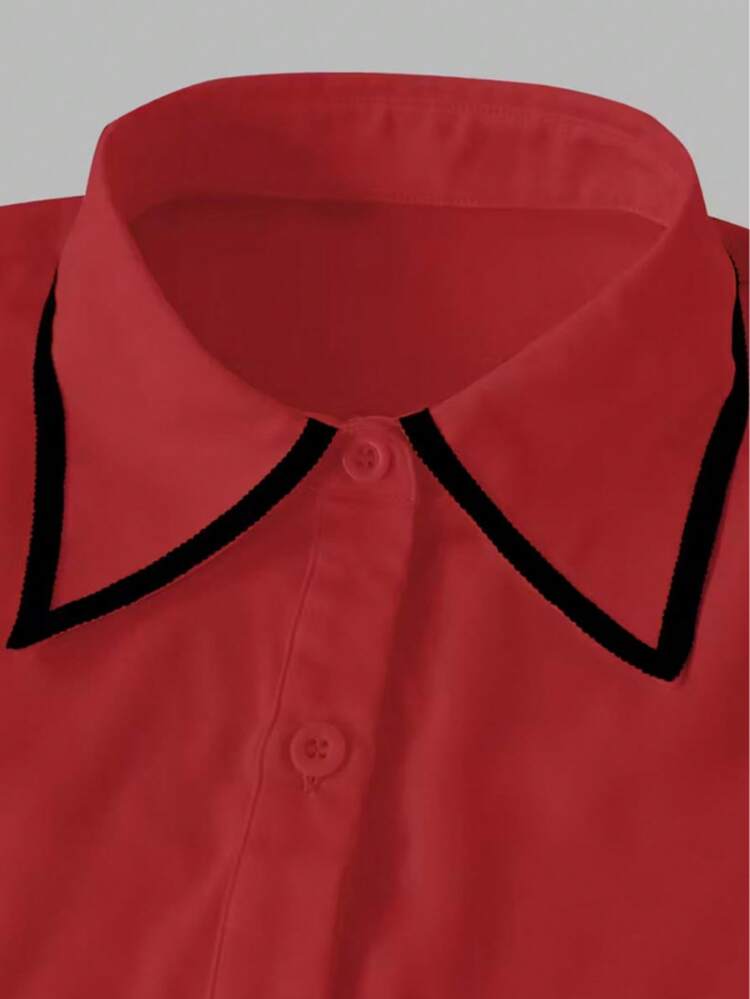 1pc Women's Contrast Color Trim Knot Elegant Long Sleeve Blouse, Suitable For Holiday, Office, Daily Wear, All Seasons Spring - Red - View 4