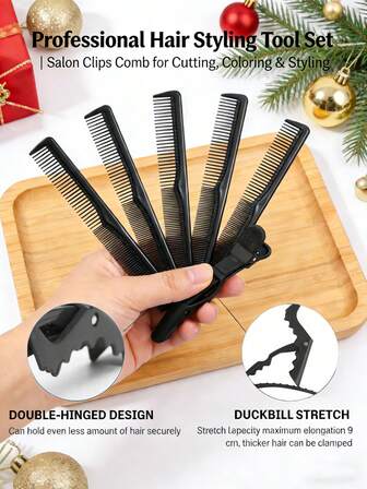 Professionella hårspännen och krokodilklämmor i plast för klippning och färgning; kompakt kolkam med grova och fina tänder; hårvårdsverktyg för salongsfrisörer, unisex, lämplig för olika typer av färgning och trimning, även lämpliga håraccessoarer för vanliga frisyrer