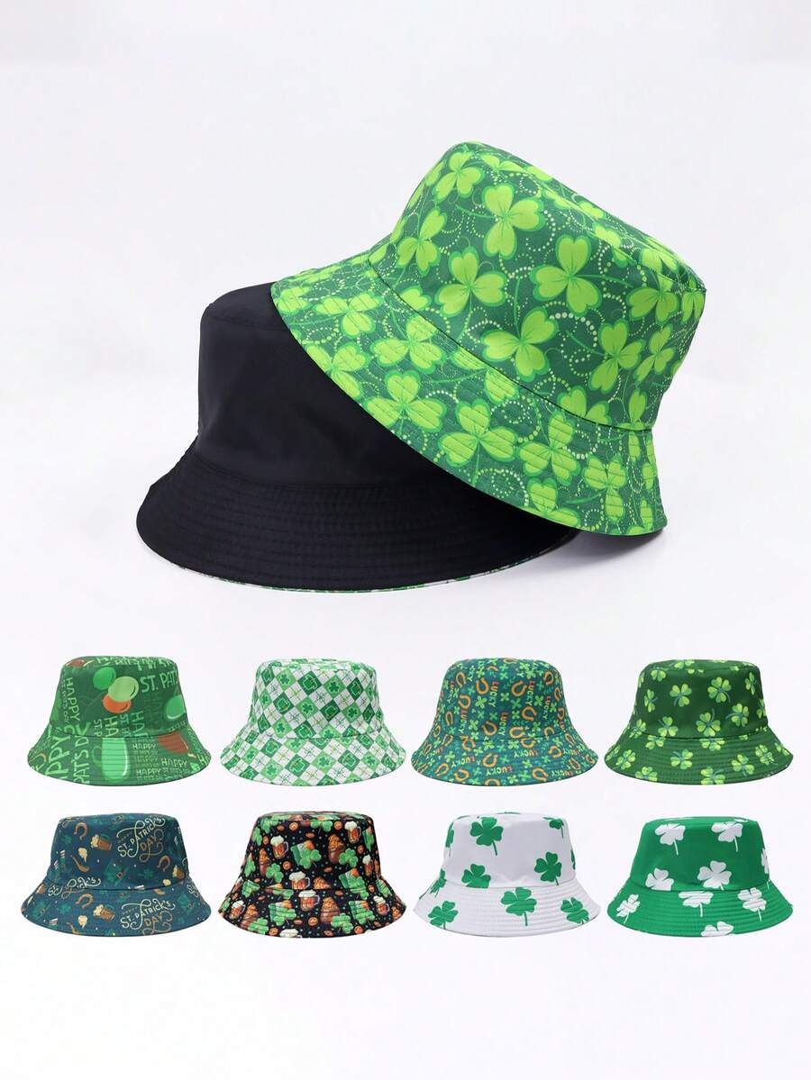 1pc Four-Leaf/Three-Leaf Clover Casual Party Cute Street Polyester UV Protection Reversible Bucket Hat, Suitable For Spring, Summer, Autumn, St. Patrick's Day, Unisex Lucky Clover Print Sun Hat