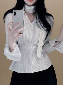 韩式时尚小众V领缎带腰身百搭条纹衬衫上衣 - 白色 - 查看 3