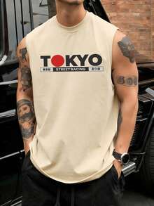 男士夏季街头风时尚东京城市图案印花圆领背心，适合日常穿着 - 杏色 - 查看 2