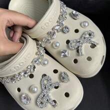 Accesorios de zapatos de alta gama y resistente con lazo, perla, cadena brillante de diamante, compatibles con flor de zapato desmontable cruzada - Diamantes de imitación - 11 adornos para zapatos (sin cadena) - Ver 12