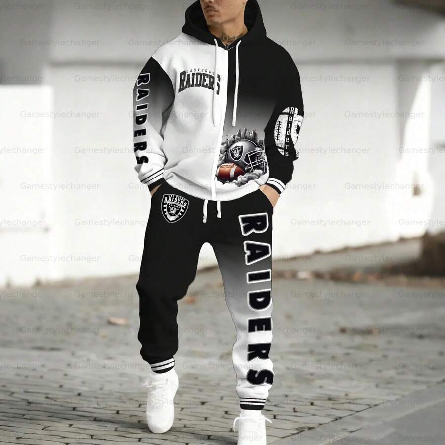 Las Vegas Ra-Iders Men's Outdoor Sports 3D Printed Cardigan Hoodie And Sweatpants Set - Long-Sleeved Casual Sportswear, Decorated With A Football Pattern, Suitable For Autumn And Winter Training And Everyday Casual Sportswear. - 彩色 - 查看 1