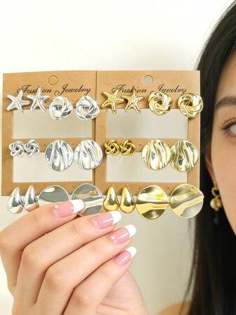 2-12 Parça Altın/Gümüş Moda Küpe Seti, Günlük Kullanım, Toplantılar, Partiler ve Hediyelik Eşyalar İçin Uygundur