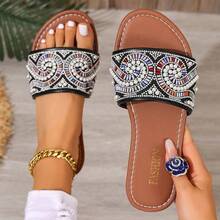 Women's Flat Sandals, Vacation Style Black Faux Pearl Fashion Minimalist Rhinestone Slippers, Beach 2026 Spring/Summer - Black - View 8