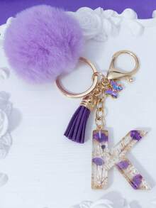 1pc Purple Starry Sky Dried Flower 26 Uppercase English Letter Resin Keychain, Bubble Fur Ball Glass Butterfly Tassel Decor, 18K Gold Lobster Clasp Design, Suitable For Bag Chain, Phone Strap, Gift For Friends, Mother, Christmas, Bag Charm, Car, Teacher, Sisters Gifts For Mother, Father, Graduation, And Teacher - Purple - View 6