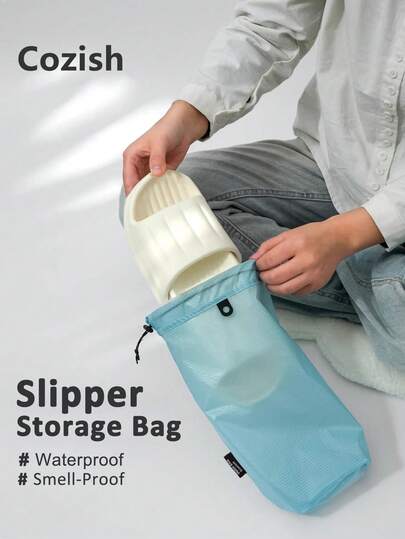 1 pieza Bolsa de almacenamiento de pantuflas de nailon ligero, impermeable y a prueba de polvo con cordón, organizador de equipaje portátil, reutilizable y lavable, adecuado para deportes, hogar y bolsa de zapatos de viaje. Organizador de viaje con cordón, funda de zapatos para hombres y mujeres, cubos de embalaje, esenciales de viaje, esenciales de crucero, esenciales de vacaciones