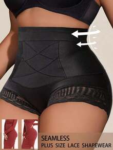1pc Seamless High Waist Shaping Panties Plus Size Summer Women's Lace Tummy Control Panty Slimming Waist Trainer Sheath Flat Belly Underwear Butt Lifting Shapewear - 黑色 - 查看 4