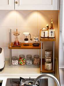 多功能三层木质置物架，厨房调料罐架兼碗碟架，加厚耐用，适用于厨房、餐厅、家庭办公室、咖啡馆等场所。