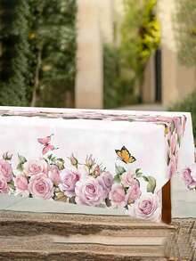 1pc Spring Floral Tablecloth, Pink Rose & Butterfly Pattern Design, Rectangular & Round Tablecloths, Spring Decor, Valentine's Day, Mother's Day, Wedding Season Party Tablecloth, Kitchen Accessory, Room & Outdoor Decor, Ideal Gift - Multicolor - View 4