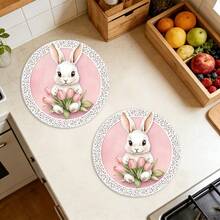 1 Set Of Complete Easter Bunny, Easter Eggs, Tulips, Basket And Lace Round Placemats, Suitable For Spring, Summer, Autumn And Winter, Multi-Color Pattern Design, Made Of 100% Polyester, Size: 15*15 Inches, Machine Washable, Polyester Material, Heat-Resistant And Stain-Resistant - Multicolor - View 4