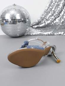 女士时尚粗跟方头性感凉鞋 - 銀色 - 查看 4