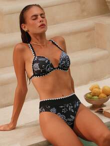 女士时尚比基尼套装，带衬垫罩杯，黑白印花，高腰泳裤，海滩度假的完美之选 - 黑色 - 查看 3