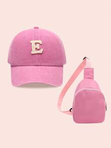 2pcs/Set Girls Letter Print Pink Baseball Cap & Bag, Boys Breathable Casual Wear Outfit For Everyday & Outdoor