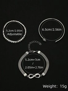 3入組流行心形和無限運氣元素設計手鍊和手環套裝,鑲嵌鑽石,派對和珠寶的理想禮物 - 銀色 - 查看 3