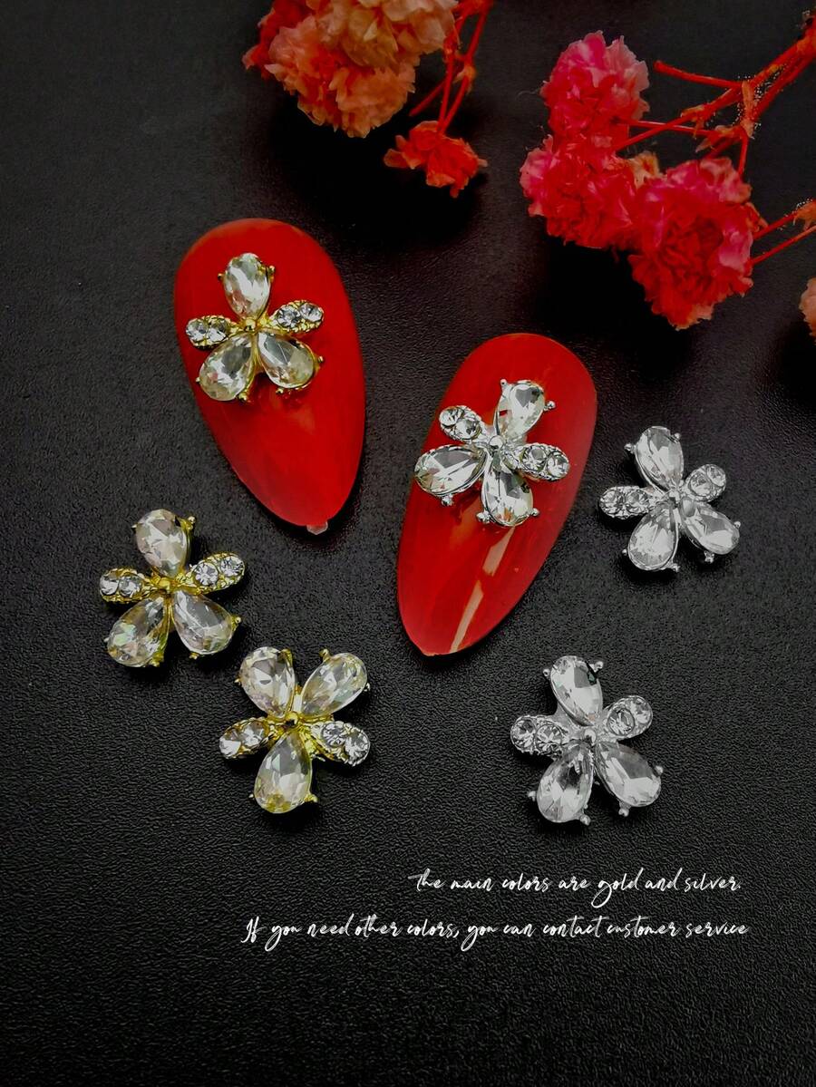 10pcs Luxury Sparkling Gold & Silver Flower Alloy Rhinestone Nail Art Decorations, 3D Vivid 5-Petal Crystal Glass Nail Jewelry DIY Accessories For Girls And Women Nails Nail Supplies - Multicolor - View 1