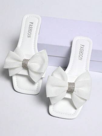 Women's Solid Color Square Toe Bow Flat Sandals, Comfortable Slip-On Plus Size Beach Slippers, Outdoor Open Toe Flip Flops