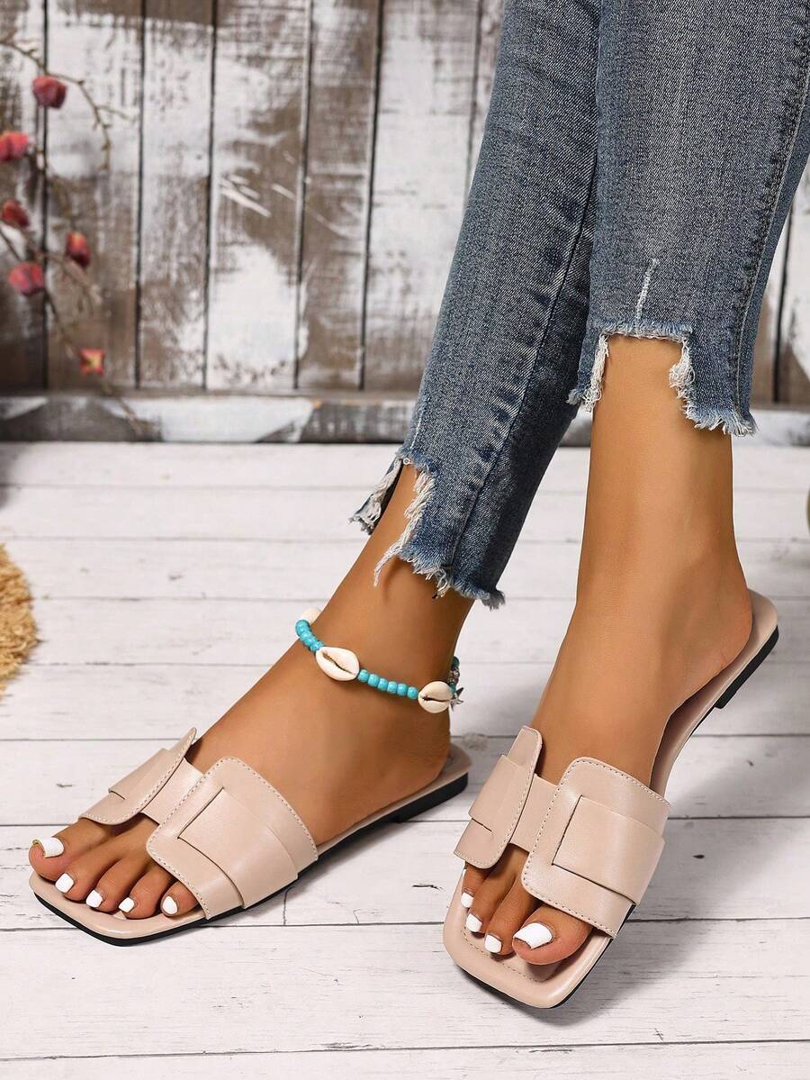 新款春夏时尚休闲单带凉拖鞋，舒适平底圆头沙滩拖鞋，百搭女士一脚蹬凉鞋 - 灰色 - 查看 1