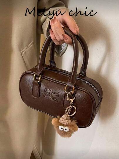 Vintage Handbag No.1 Coffee Brown Tote Bag, Letter Pattern Design Women's Wallet, With Cute Accessories, Large Capacity Soft Leather Boston Handbag, All-Season Commuter Tote Bag, Autumn/Winter New Style, Japanese Style Bag, Women's Vintage Bag, Bowling Bag, Suitable For Parties, Shopping And Work