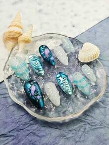 Ten-Piece Blue Ocean-Themed Handmade Nail Art Set, Vintage Luxury Press-On False Nails, Handmade False Nails, Women's Press-On False Nails, Medium Almond Color, Nail Art, Women's Gift, Suitable For Girls And Ladies To Wear To Parties Or Everyday Occasions. Nail Supplies - Multicolor - View 2