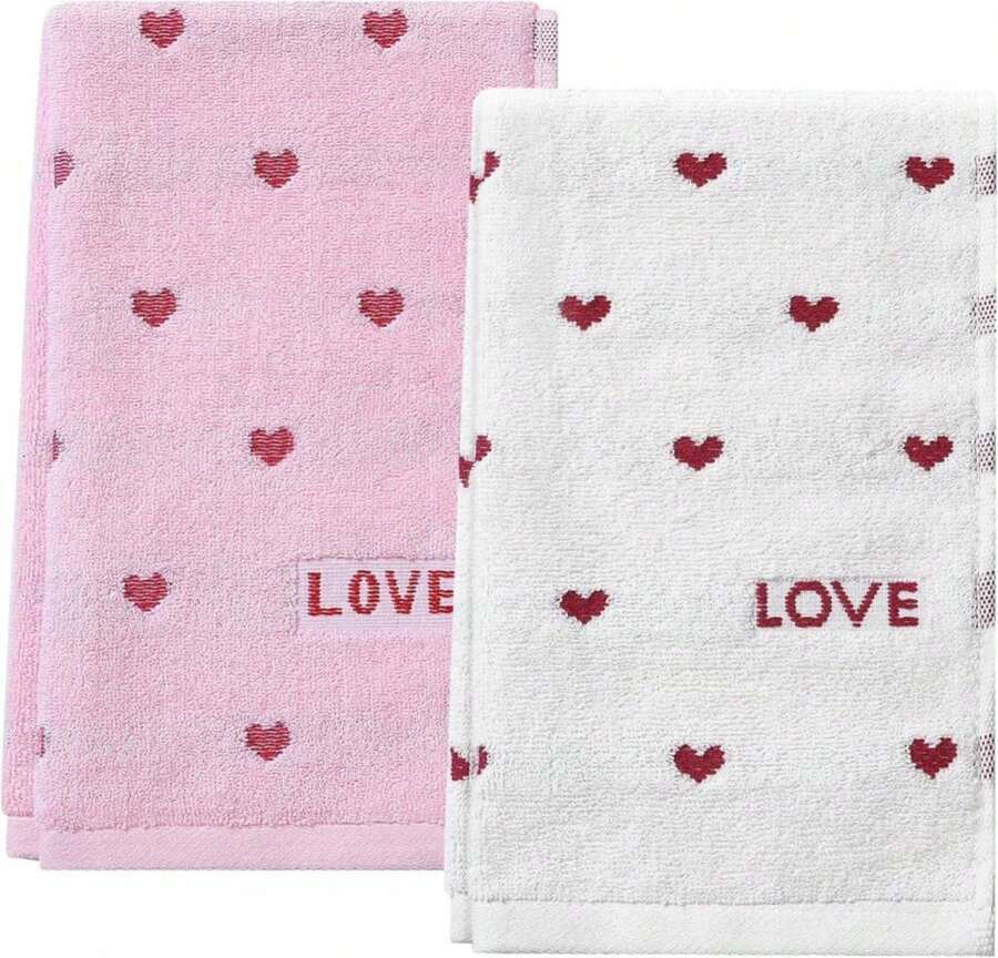 2pcs Valentine'S Day Hand Towels Red Pink Hearts Embroidered Towel For Bath Cotton Soft Bathroom Kitchen Valentine'S Day Decorative Set For Drying Cleaning Cooking Holiday Decor Gift,14 X 29 Inch - ColorF - 查看 1