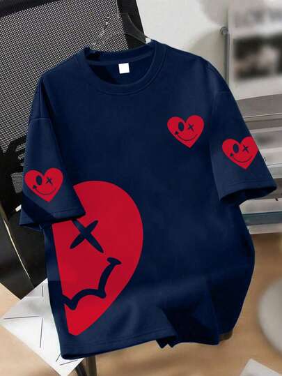 一件装街头风爱心图案青少年T恤，适合青少年男孩，笑脸图案上衣，春夏休闲户外服饰