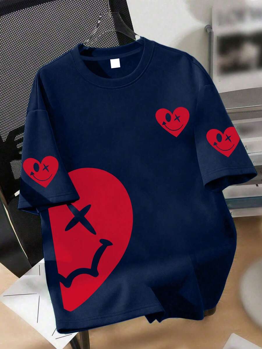 一件装街头风爱心图案青少年T恤，适合青少年男孩，笑脸图案上衣，春夏休闲户外服饰 - 藏蓝色 - 查看 1