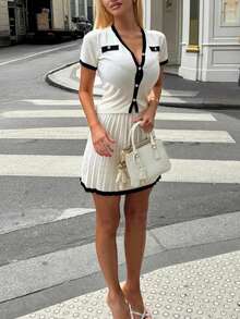 New High-End Women's 2 Pieces Set White Knitted Top With Skirt,Contrast Color V-Neck Front Button Fake Pocket Design Short Sleeve Cardigan And Pleated Skirt,Fancy Rib-Knit Slim Soft Yarn Casual Elegant Chic Women's Wear,Spring Summer Dress For Women,New Year,Valentine Clothes,Blouses And Skirt For Women Party,Suitable For Going Out,Summer Holiday Vacation Women's Clothing - 白色 - 查看 8