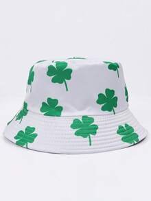 1pc Four-Leaf/Three-Leaf Clover Casual Party Cute Street Polyester UV Protection Reversible Bucket Hat, Suitable For Spring, Summer, Autumn, St. Patrick's Day, Unisex Lucky Clover Print Sun Hat