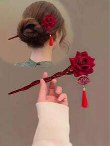 1pc Elegant Wooden Chinese Style Red Tassel Hair Clip, Sophisticated Retro Chic Hair Accessory For Chinese Traditional Costume, Suitable For Daily Wear, Hair Accessories, Hair Accessories, Hair Pins, Bun Extension, Hair Bun Maker, Bun Hair Piece, Hair Styling Pins