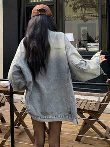 Distressed Long Sleeve Denim Jacket, Casual & Versatile Loose Fit Top For Women - Medium Wash - View 10