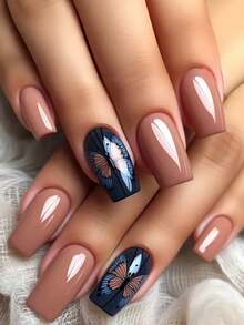 24片蓝色蝴蝶杏仁形美甲贴纸，Y2K美甲用品 - 杏色 - 查看 8