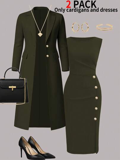 Women's Elegant 2-Piece Set, Solid Color Long Sleeve Cardigan Blazer Jacket + Sleeveless Button-Down Midi Dress, Autumn/Winter Spring
