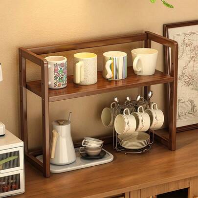 1个复古木质桌面收纳架，高度可调节，厨房储物架，可放置杯子、马克杯、咖啡等，大容量桌面收纳架，烤漆表面，家居装饰架和桌面置物架，调料架，多功能置物架，适用于厨房、餐厅、客厅、办公室、卧室、阳台等场所。