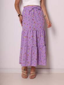 Floral Skirts With Elastic Waistband And All-Over Print. - 紫色 - 查看 2